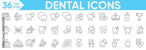 Dental icon set.Containing tooth, dentist, Tooth, implant, braces, implant, braces, clinic, toothpaste, dentistry, toothbrush, teeth, implant and more.Vector and illustrator set.