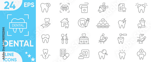 Dental icon set.Containing tooth, dentist, Tooth, implant, braces, implant, braces, clinic, toothpaste, dentistry, toothbrush, teeth, implant and more.Vector and illustrator set.