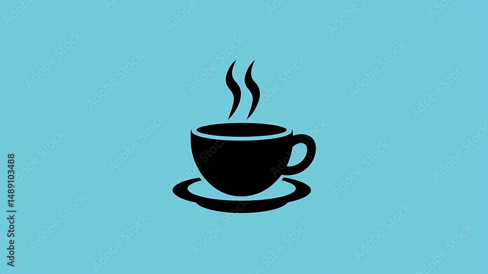 Obraz premium A simple yet elegant icon of a steaming cup of coffee on a saucer against a soft background. The black silhouette highlights the warmth and comfort of a morning cup