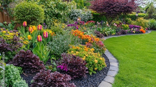 Vibrant spring tulip bed with a soft-focus garden in the background