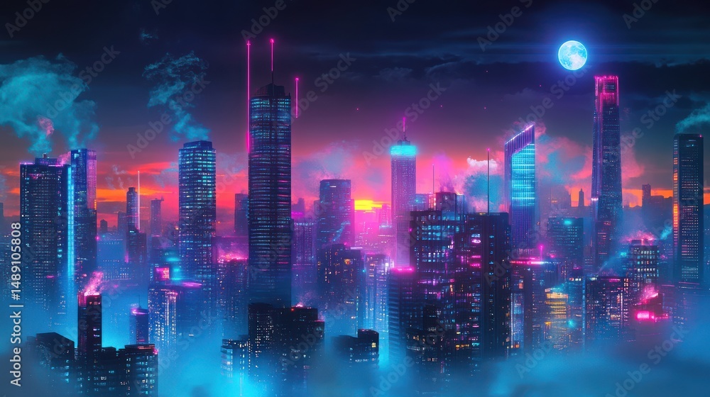 Fototapeta premium Futuristic urban landscape with vibrant neon illumination and night ambiance