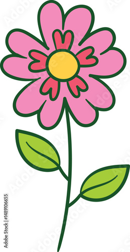 Single pink flower with yellow center illustration