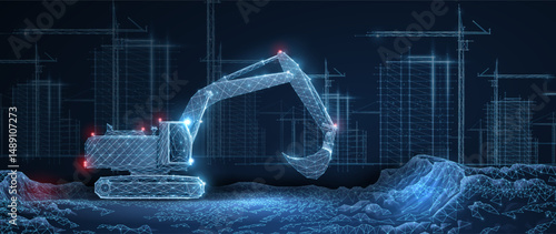 Digital construction site sketch with excavator. Building 3D Printing, Building Information Modeling