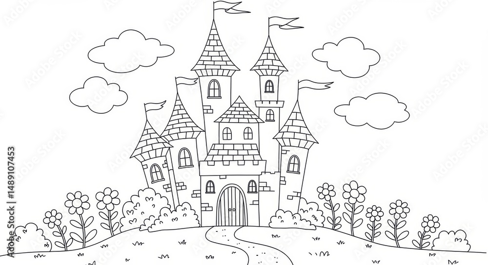 Fototapeta premium Fairytale castle coloring page
