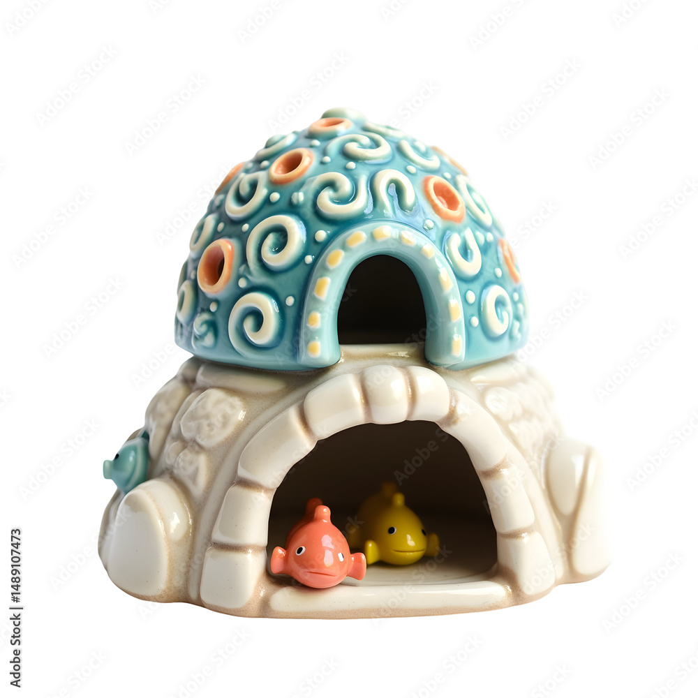 Fototapeta premium Delicate Ceramic Igloo Aquarium Ornament, An Intricately Designed Fish Shelter with Playful Aquatic Decoration