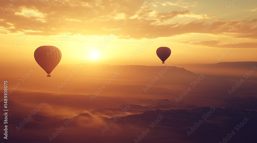 Naklejka premium Hot air balloons floating over the African savannah during the golden hour (2)