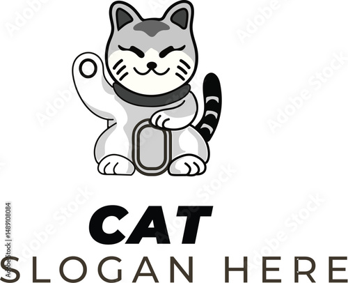 Gray Lucky Cat Vector — Neutral Maneki Neko Clipart