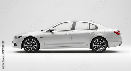 Modern Silver/Grey Sedan Car Side Profile View, 3D Render Isolated on White Studio Background, Automotive Concept