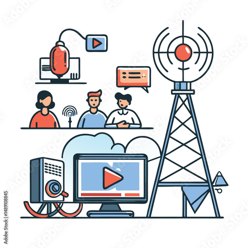 Broadcast Concept Illustrated Using Antenna and Radio Waves