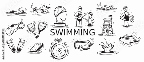 A collection of black and white sketch-style illustrations depicting various aspects of swimming, centered around the word "SWIMMING".