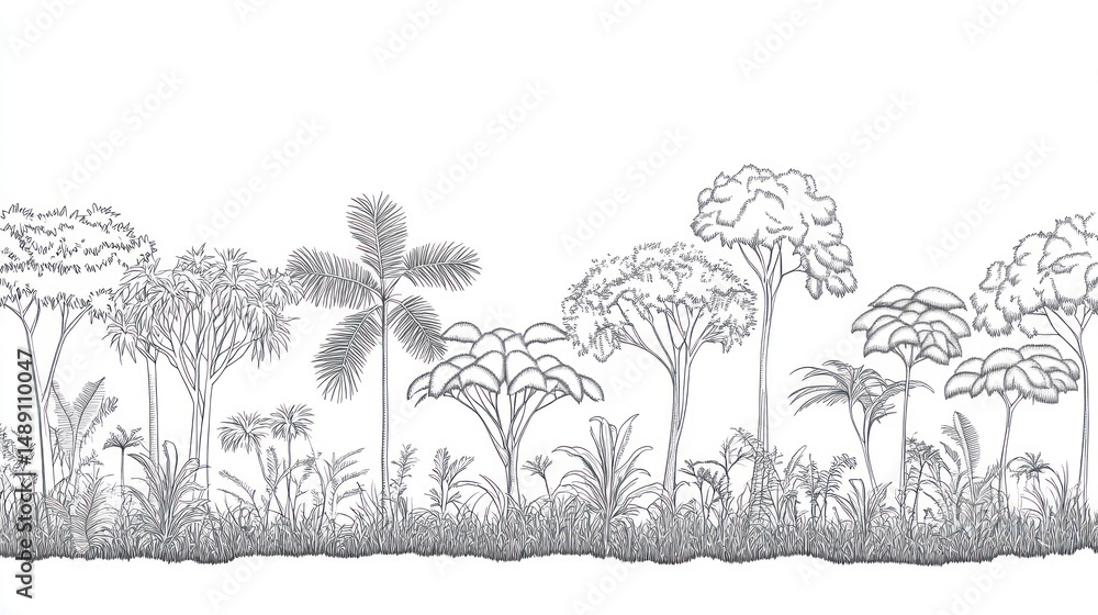 Fototapeta premium Tropical rainforest line art, jungle foliage, seamless pattern, nature background, design element