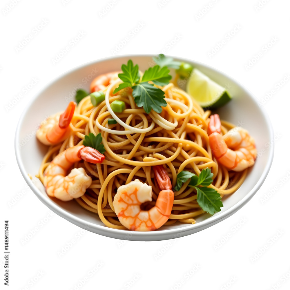 Delicious and Authentic Pad Thai Noodles with Fresh Shrimp, Garnished with Lime and Parsley in a White Bowl Delicious and Authentic Pad Thai Noodles with Fresh Shrimp, Garnished with Lime and Parsley in a White Bowl