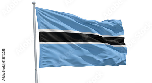 Botswana flag waving in the wind, showcasing its blue, black, and white colors against a clear sky background