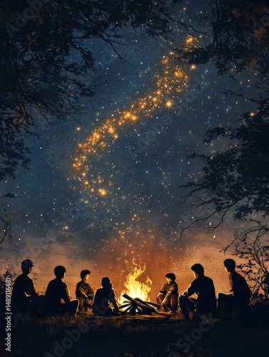 Scout campfire circle under a starry night sky with silhouettes gathered around a warm fire glow