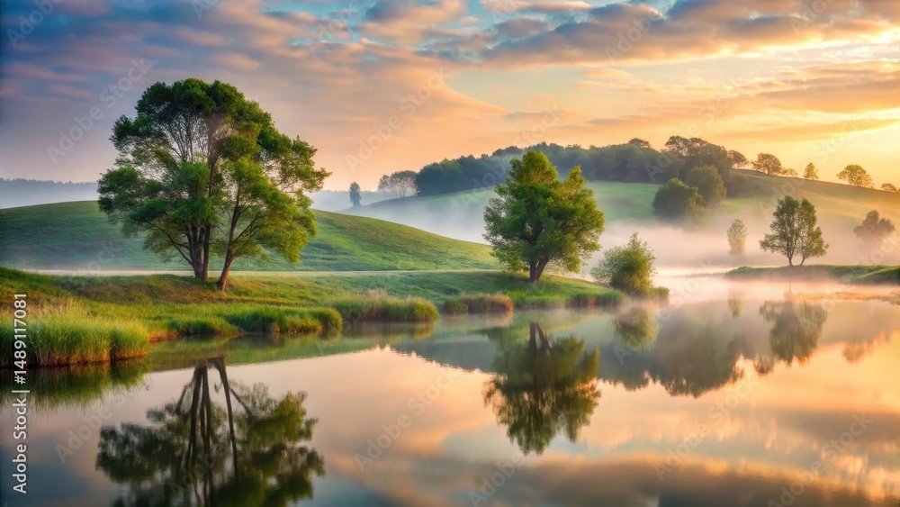 Obraz premium Serene Dawn Misty Reflections on a Tranquil Pond, Surrounded by Lush Green Hills and Majestic Trees