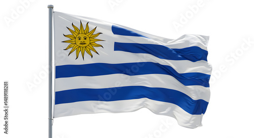 Flag of Uruguay waving gracefully against a clear blue sky, symbolizing national pride and identity