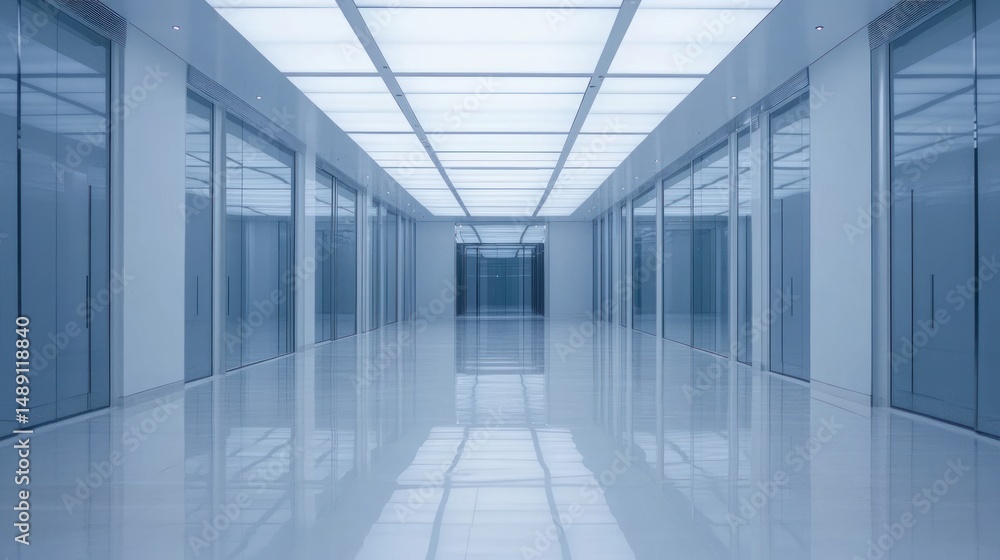 Fototapeta premium Modern minimalist corridor interior design empty hallway with glass doors and reflective floor