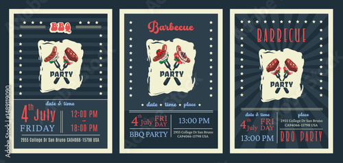 4th of July BBQ Party Invitation Set. Bbq Celebration. Independence Day holiday cards with national American symbols. Barbecue grill design and summer picnic. Vector illustration	