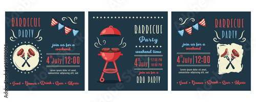 American Independence Day. Set of Bbq backgronds with brazier, steaks, vegetables. Barbecue grill. 4th of July party invitations, banners,  flyers. Festive picnic elements. Vector flat illustration