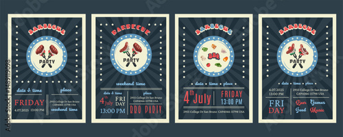 4th of July BBQ Party Invitation Set. Bbq Celebration. Independence Day holiday cards with national American symbols. Barbecue grill design and summer picnic. Vector illustration