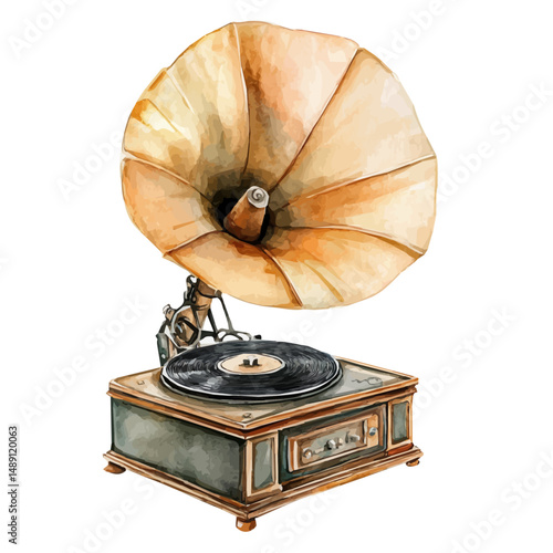 Spring-powered Gramophone, watercolor vector, high quality, isolated on a white background.