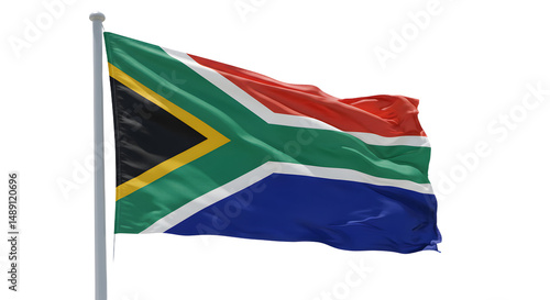 South African flag waving in the wind against a clear blue sky, symbolizing national pride and unity
