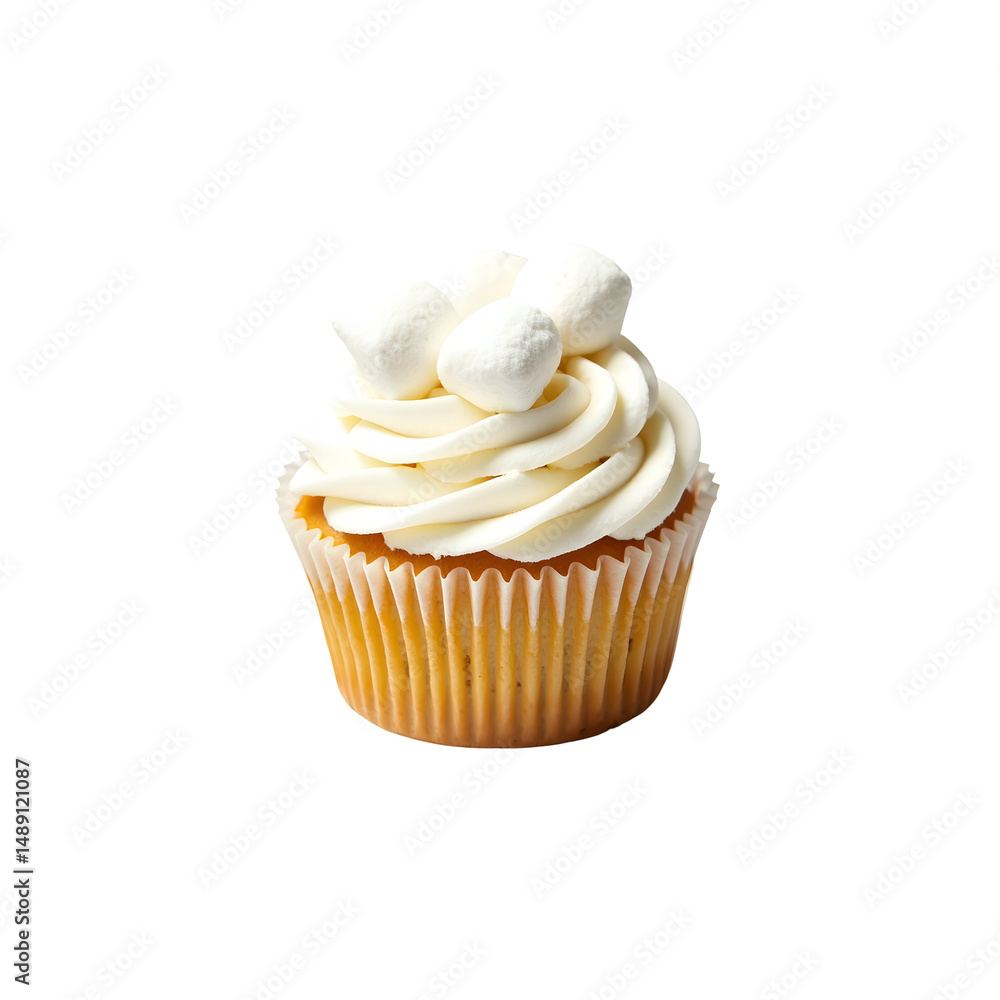 Delicious Single Cupcake with Fluffy White Frosting and Mini Marshmallows isolated for Dessert or Snack Advertisements Delicious Single Cupcake with Fluffy White Frosting and Mini Marshmallows isolated for Dessert or Snack Advertisements
