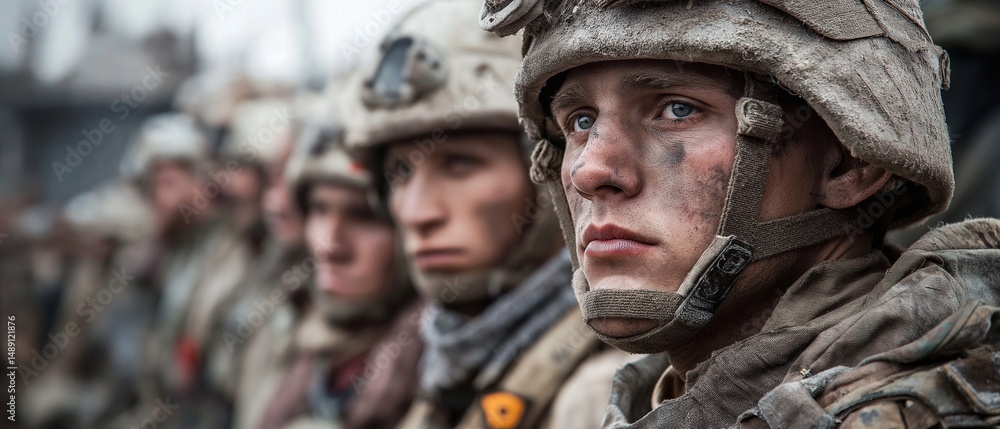 Fototapeta premium Wearing helmets and camouflage clothing, young troops stand in close formation.
