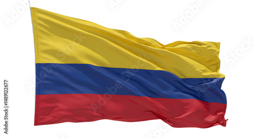 Vibrant Colombian flag waving in the wind against a clear blue sky, symbolizing national pride and identity (1)
