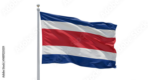 Vibrant Costa Rican flag waving against a clear blue sky, symbolizing national pride and cultural identity