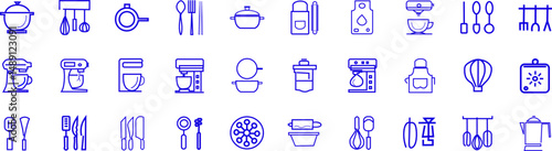 set of 30 outline icons related to kitchen utensils