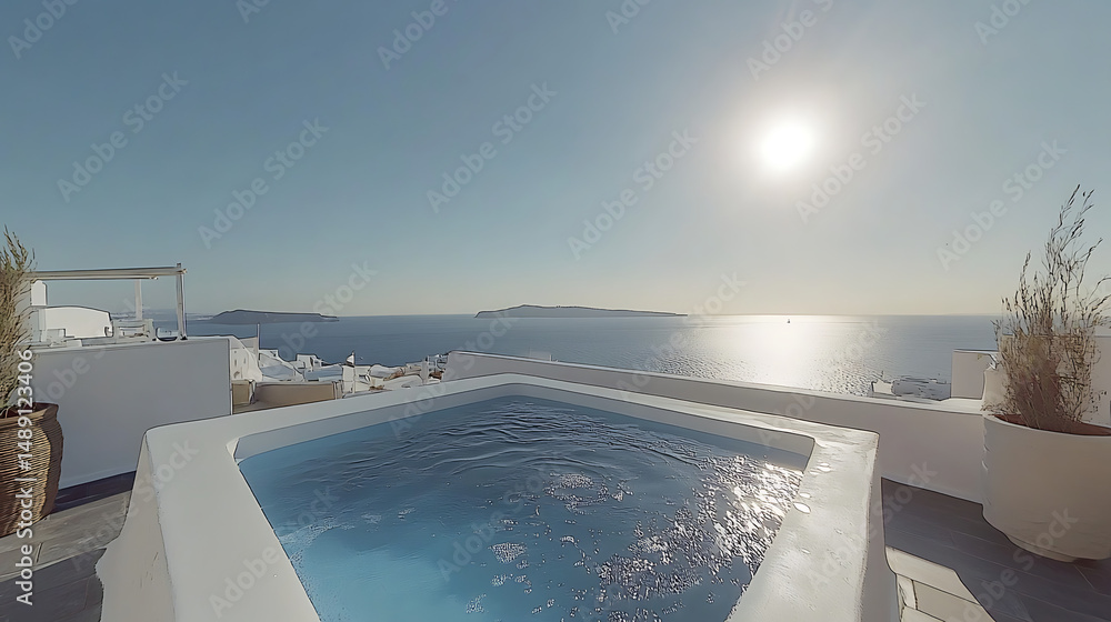 Fototapeta premium Stunning views over the blue rooftops of Santorini, Greece under a clear sky (1)