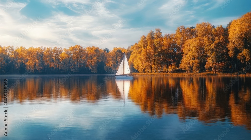 Obraz premium Autumnal lake scenery with a sailboat reflection.