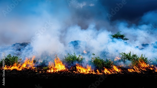 A vivid display of wildfire consuming foliage under a dramatic sky, highlighting the intensity of natural disasters.