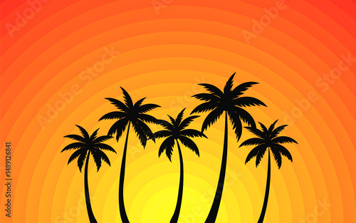 Tropical sunset summer. Beach with palms trees. Nature and sea landscape. Holidays background illustration