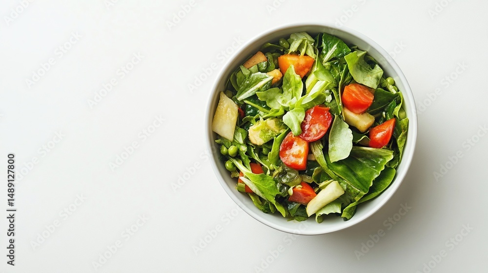 Fresh salad with tomatoes, greens, and white chunks in a white bowl from above Fresh salad with tomatoes, greens, and white chunks in a white bowl from above