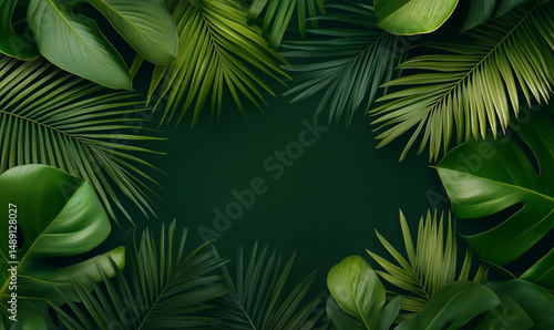 Fototapeta Naklejka Na Ścianę i Meble -  Dark green tropical leaves framing empty center space symbolizing exotic jungle ambiance and perfect backdrop for eco-themed content