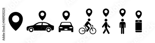 Map pin icons. Location pin icons with car, bike and person. Black solid icons on white background.