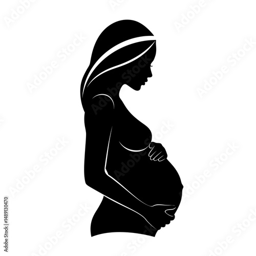 A silhouette of a pregnant woman holding her belly with both hands in a white background view