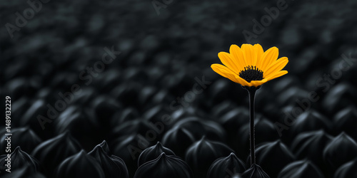 Yellow flower among dark black stones showcasing optimism, clarity, and resilience with strong visual contrast