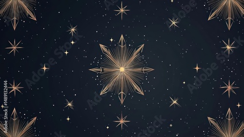 Gold celestial star pattern dark blue background geometric design repeating texture radiant light cosmic night sky space illustration