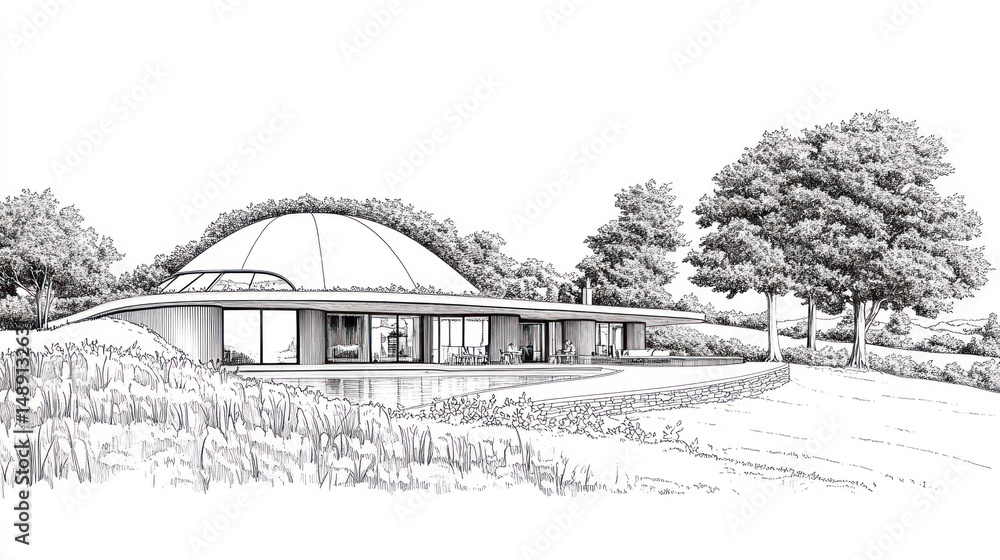 Fototapeta premium Modern dome house architectural rendering, rural setting, landscaping