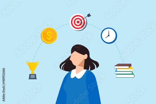 Flat illustration of woman imagining future goals and life aspirations with time money ideas education skills and success career planning ambition and employee personal development