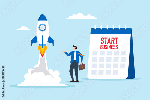 Flat illustration of businessman launching rocket with calendar marked Start Business entrepreneurship new ventures startup company