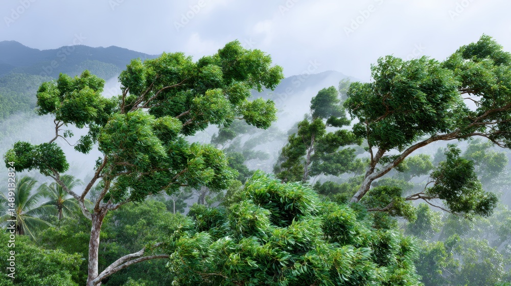 Fototapeta premium Lush green trees amidst misty mountains, showcasing nature's beauty in a tranquil and serene environment.