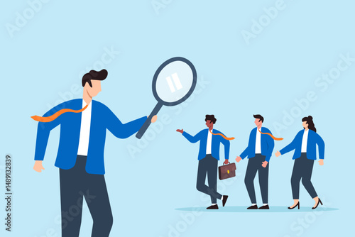 Flat illustration of businessman using magnifying glass to evaluate group of diverse job candidates recruitment hiring process and talent search vacancy