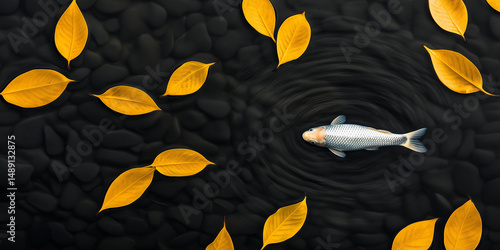 Fish swimming among scattered yellow leaves on black stones forming a surreal autumn concept with contrast and unique nature balance