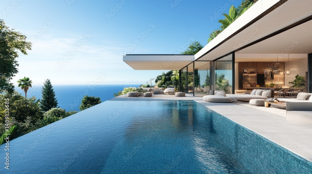 Fototapeta premium Luxury coastal villa featuring infinity pool overlooking the ocean horizon