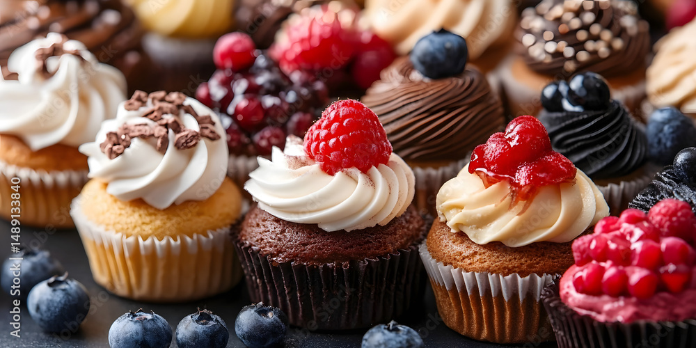 Delicious Cupcake Assortment: An array of delightful cupcakes, each adorned with luscious frosting and fresh berries, offers a visual feast of flavors and textures Delicious Cupcake Assortment: An array of delightful cupcakes, each adorned with luscious frosting and fresh berries, offers a visual feast of flavors and textures