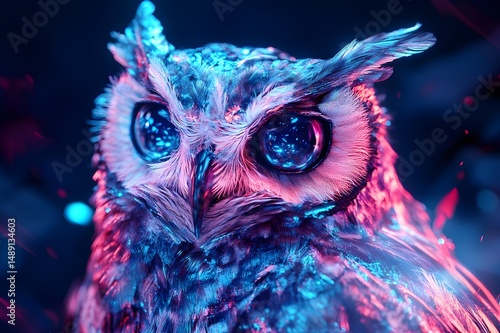 Neural surrealism, futuristic glitch aesthetics, real chrome owl in deep dark space, cute , hyperrealistic, prism, HD, 4k